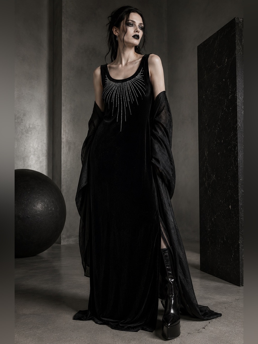 Vintage New Looks California Black Velvet Rhinestone Maxi Dress 22WP USA